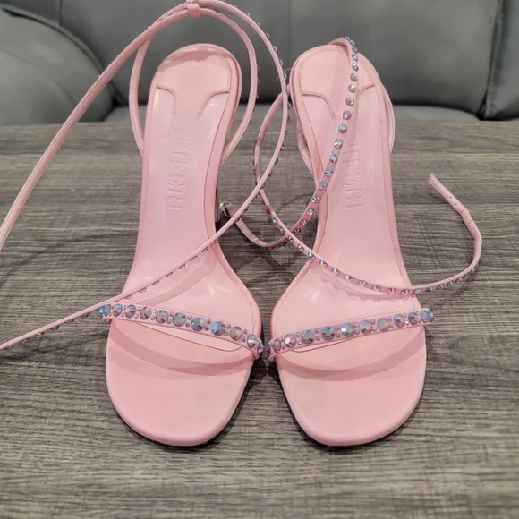 Piferi Satin Vegan Leather Ankle Wrap Stylish Pink Rhinestone Heels Size 37 Or 7 - Picture 14 of 14